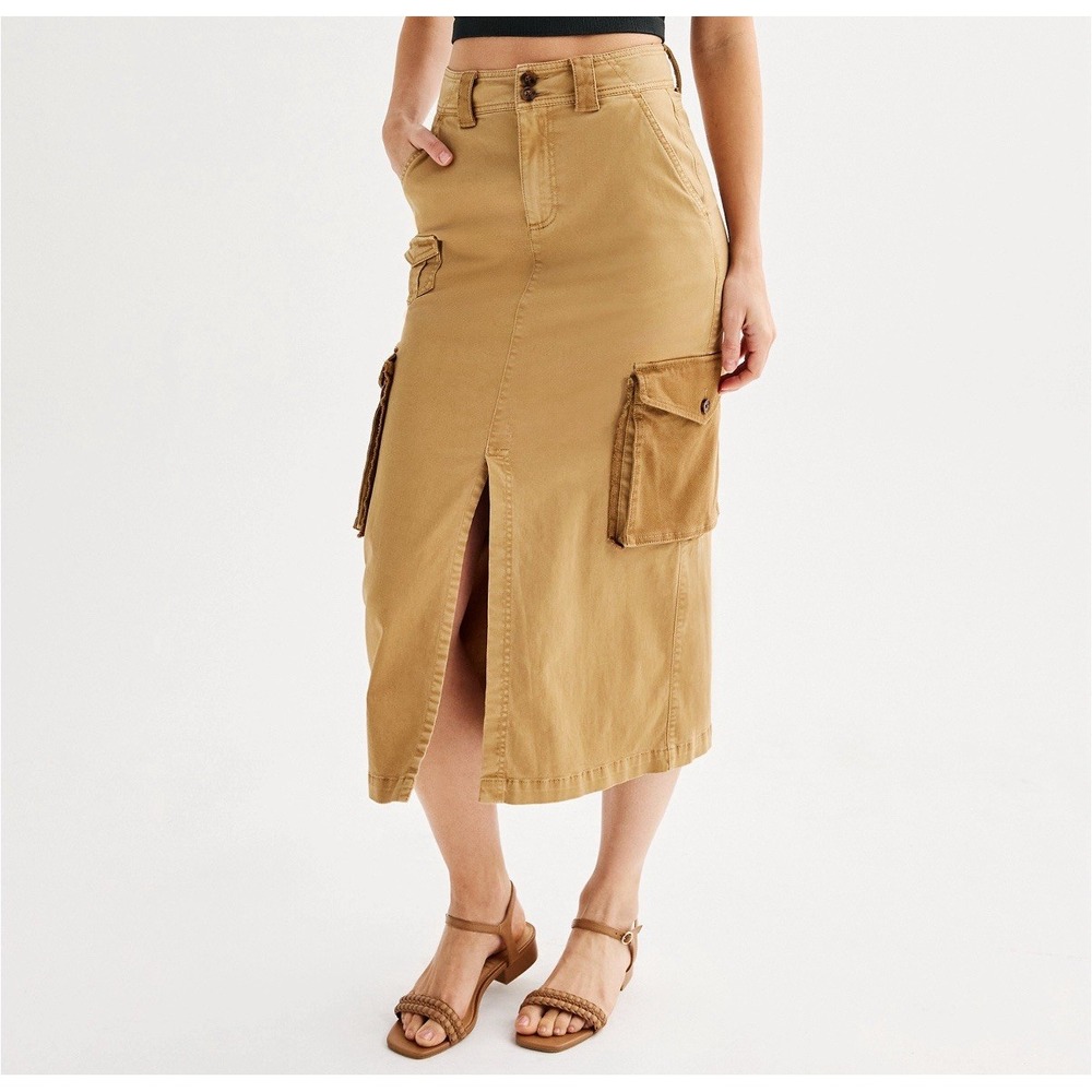 NEW SO Juniors Size XS Brown Tan Cargo Straight Madi Skirt Pockets Cotton NWT - Picture 2 of 11